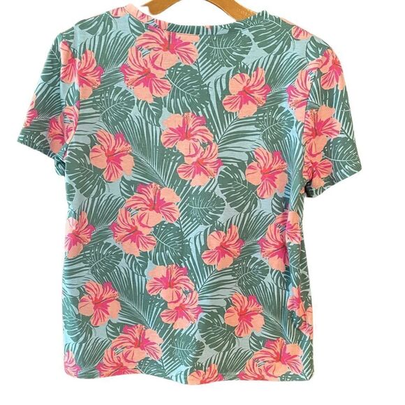FRESH PRODUCE S Green Pink Seaglass Floral Hibiscus Casual Cotton T-Shirt - Picture 2 of 4